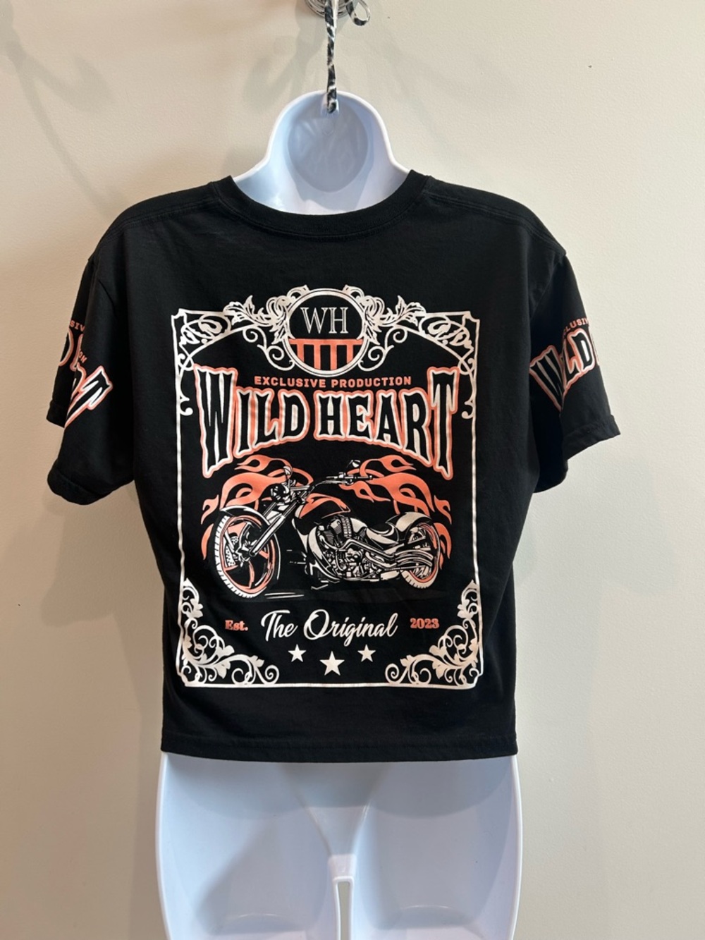 Weekend Warrior Women’s Crop Tee with Motorcycle Logo Black & Pink Size Small